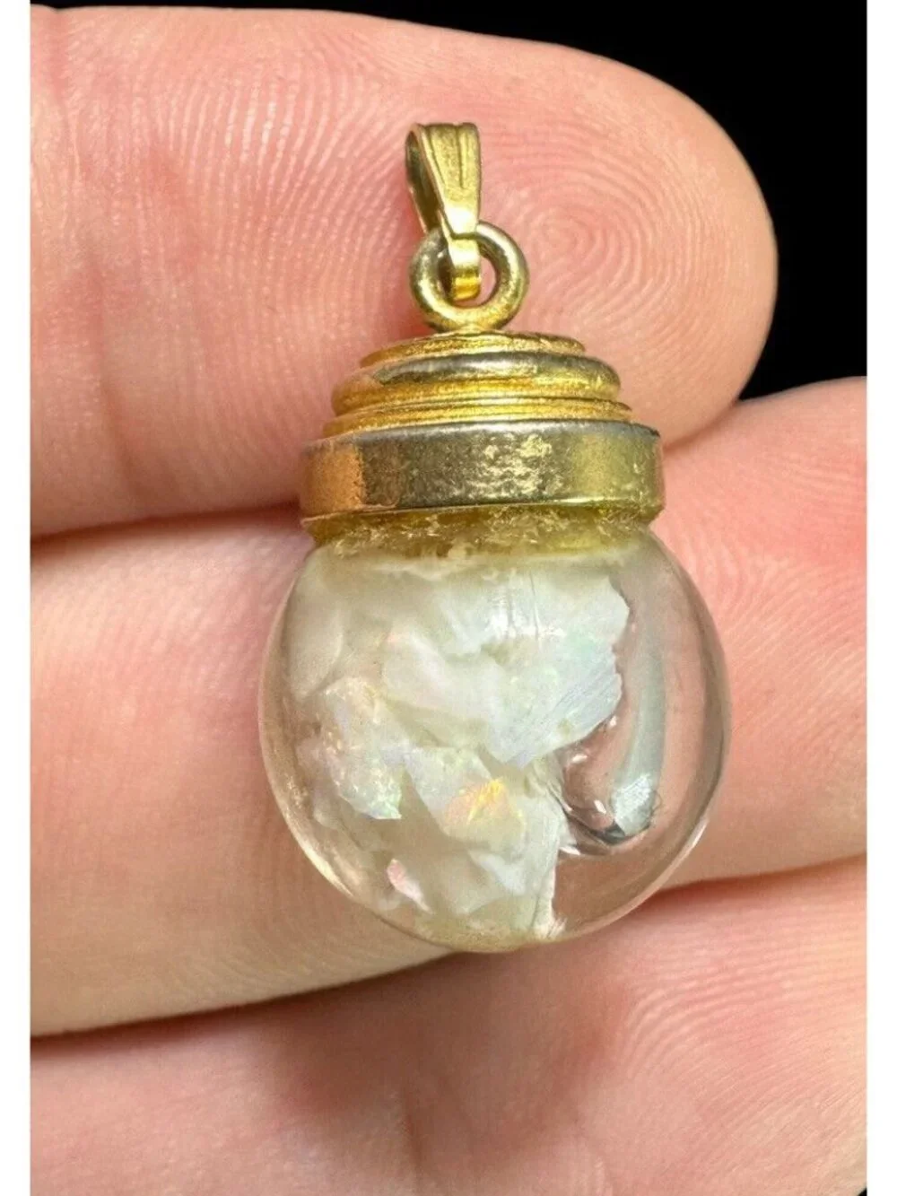 Antique Gold Filled Floating Opal Pendant Vintage Round Orb Dangle - Picture 3 of 5